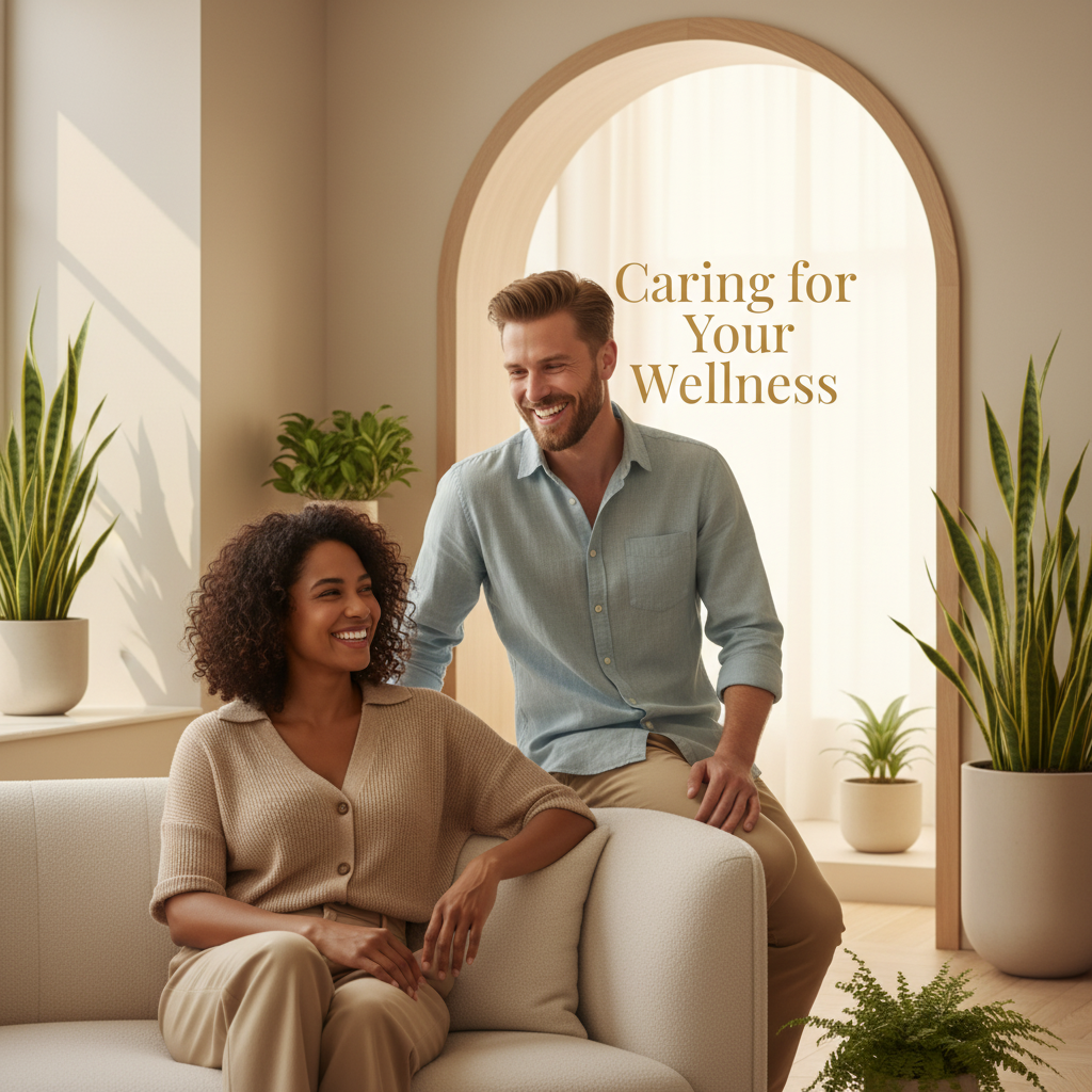 Based on swasthy care an image showing adult pele happy and add motto embedded